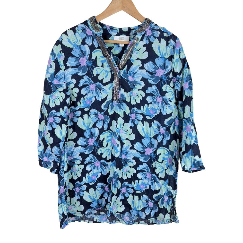 Charter Club Luxury Linen Embellished Morning Bloom Top Women Sz L Floral Mature